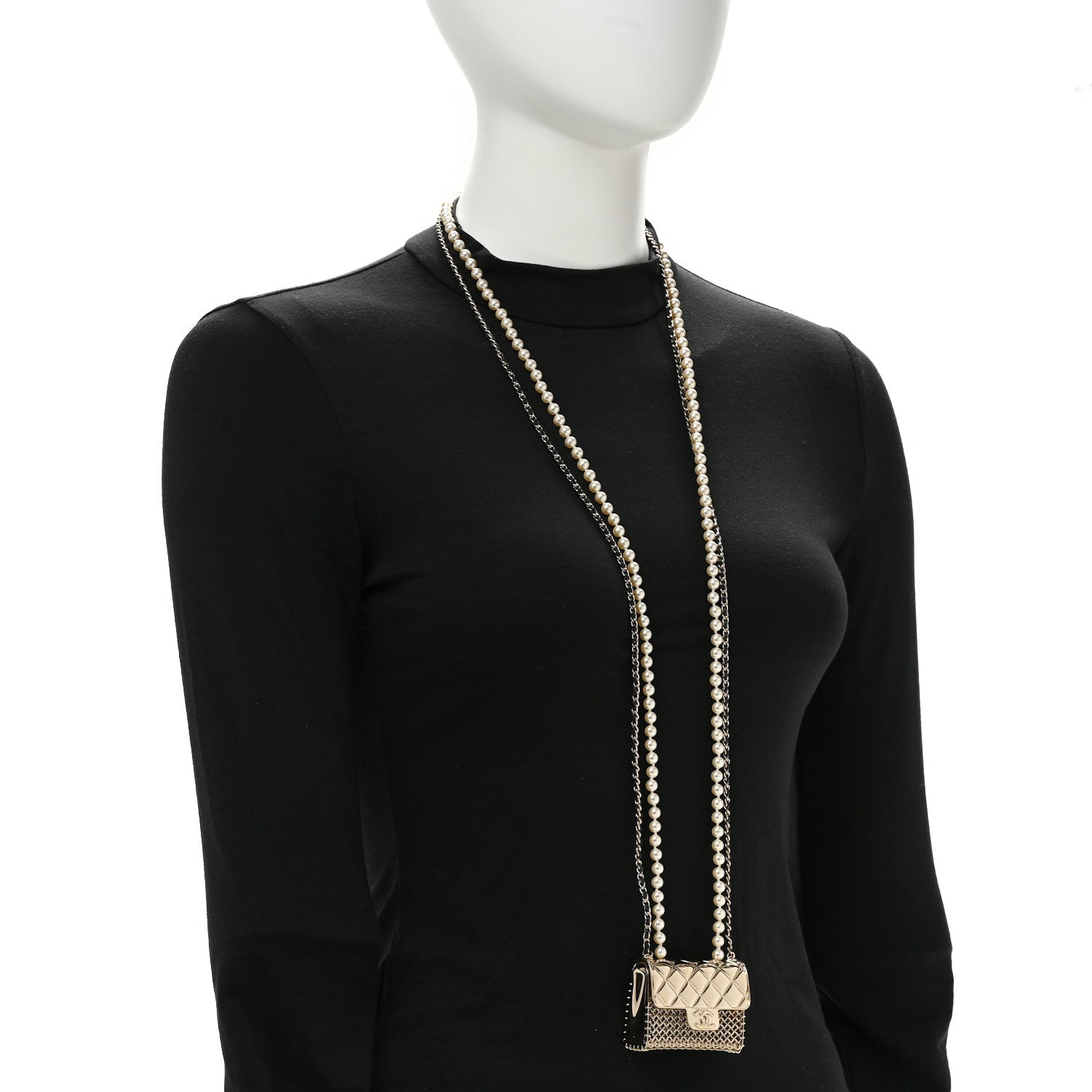 Chanel Metal Lambskin Pearl Chain Flap Bag Long Necklace Gold Black Pearly White 2 of 5