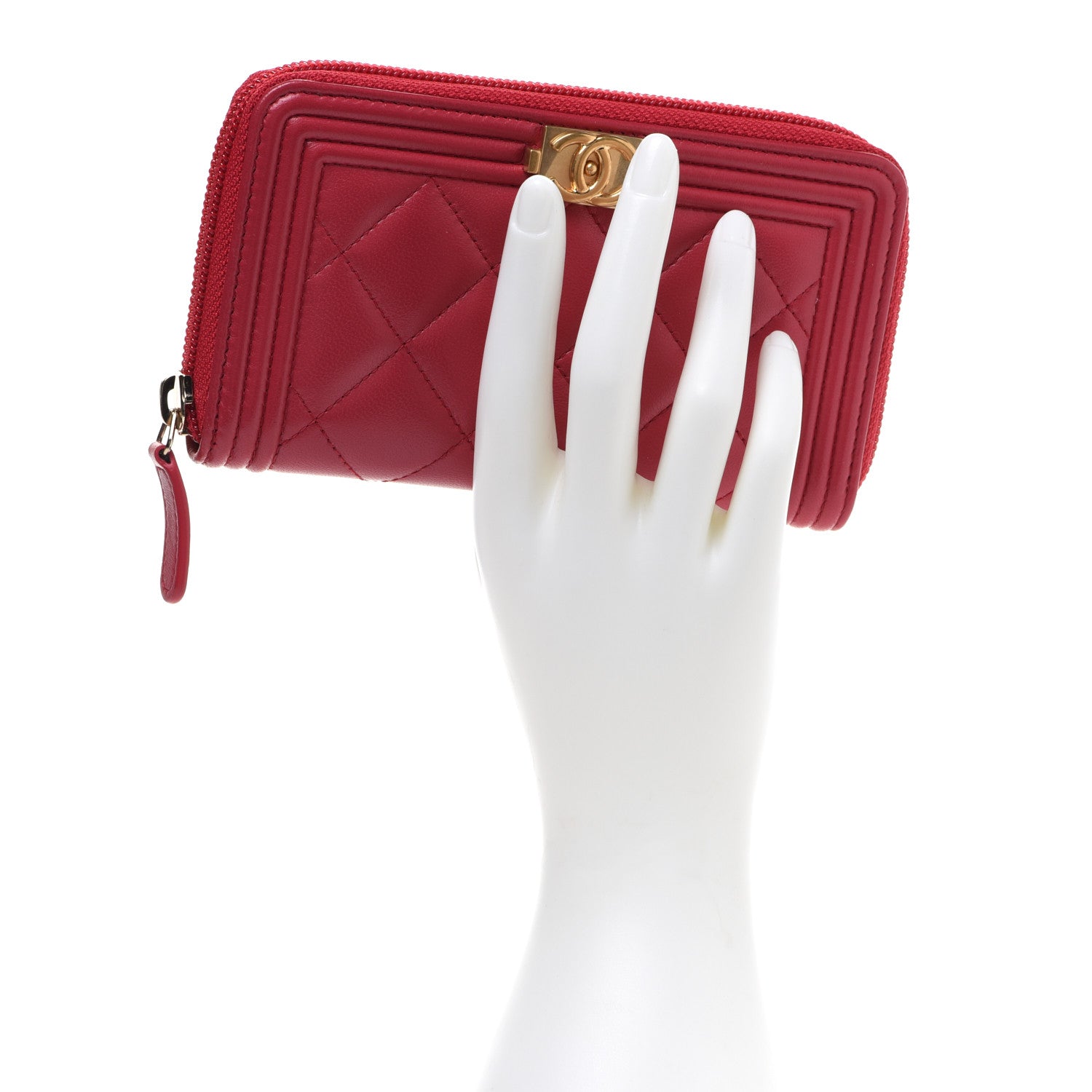 Chanel Lambskin Quilted Small Boy Zip Around Wallet Red 2 of 10