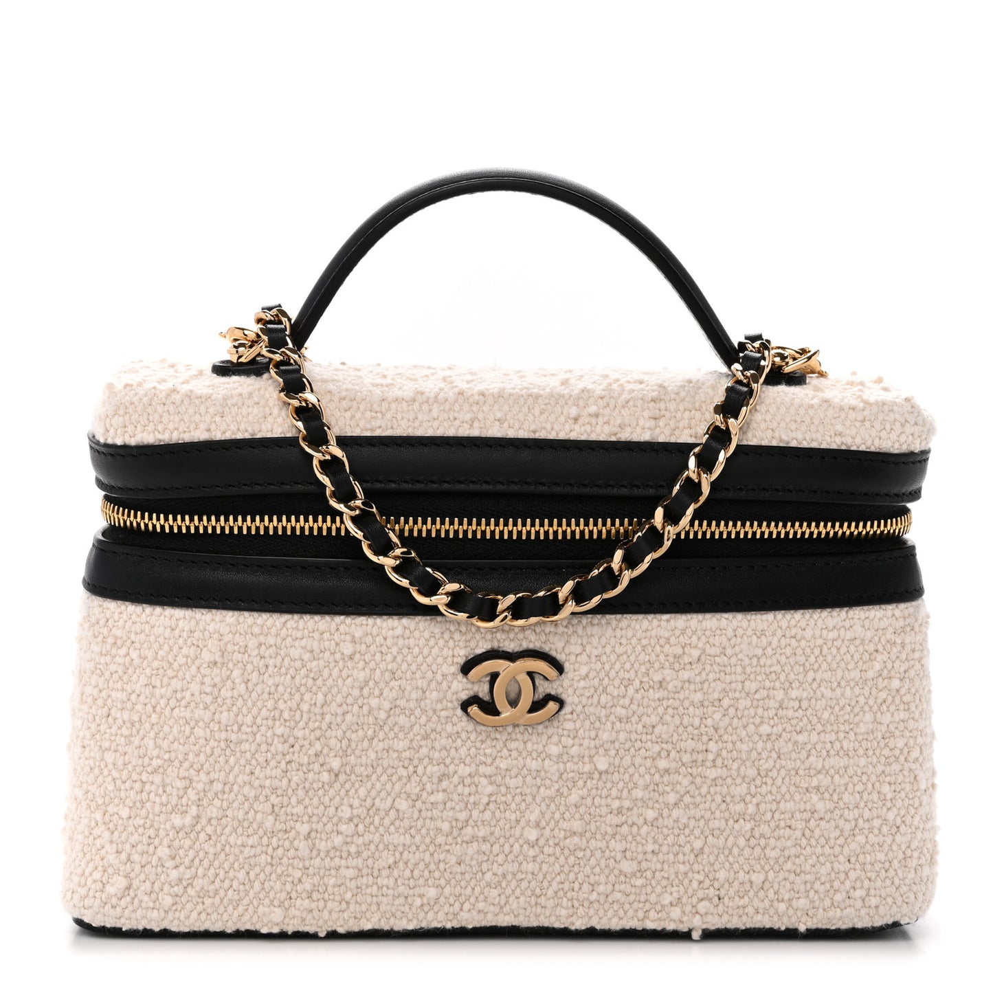 Tweed Calfskin Top Handle Slim Vanity Case With Chain Black Beige