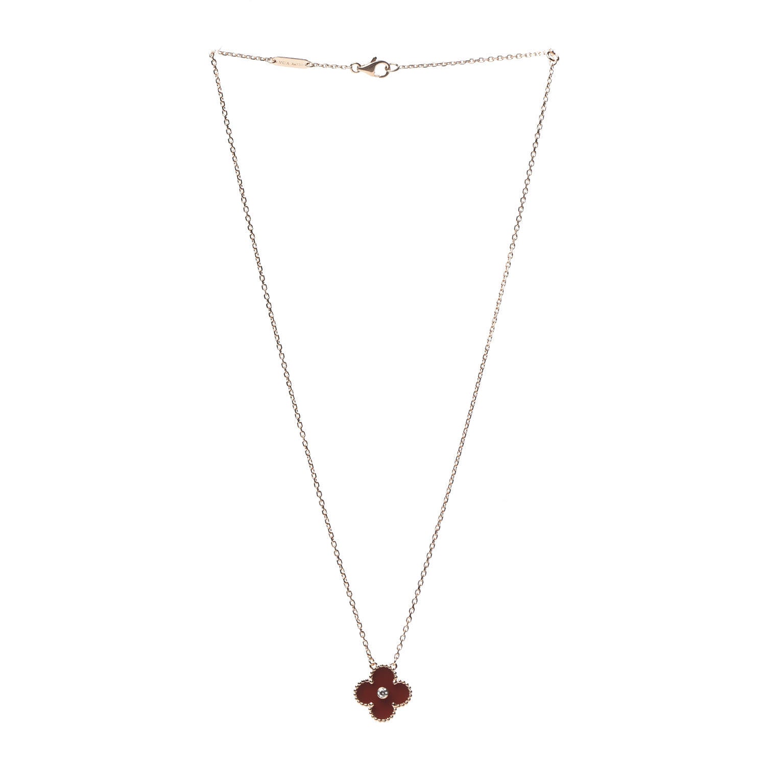 Van Cleef & Arpels 18K Rose Gold Diamond Carnelian Vintage Alhambra Pendant Necklace 3 of 7