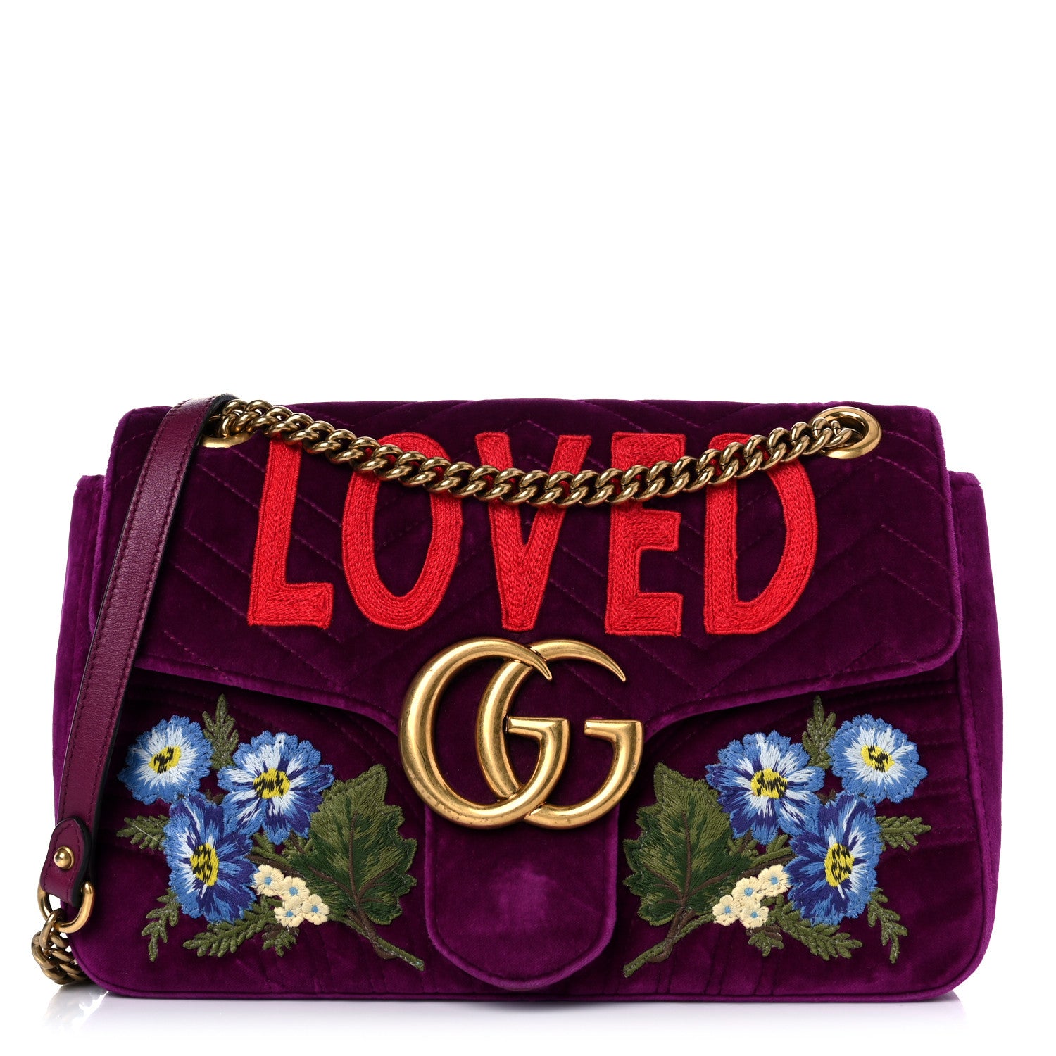 Gucci Velvet Matelasse Loved Embroidered Medium GG Marmont Shoulder Bag Fuchsia Violet Cyclamen 1 of 24