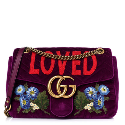 Gucci Velvet Matelasse Loved Embroidered Medium GG Marmont Shoulder Bag Fuchsia Violet Cyclamen 1 of 24