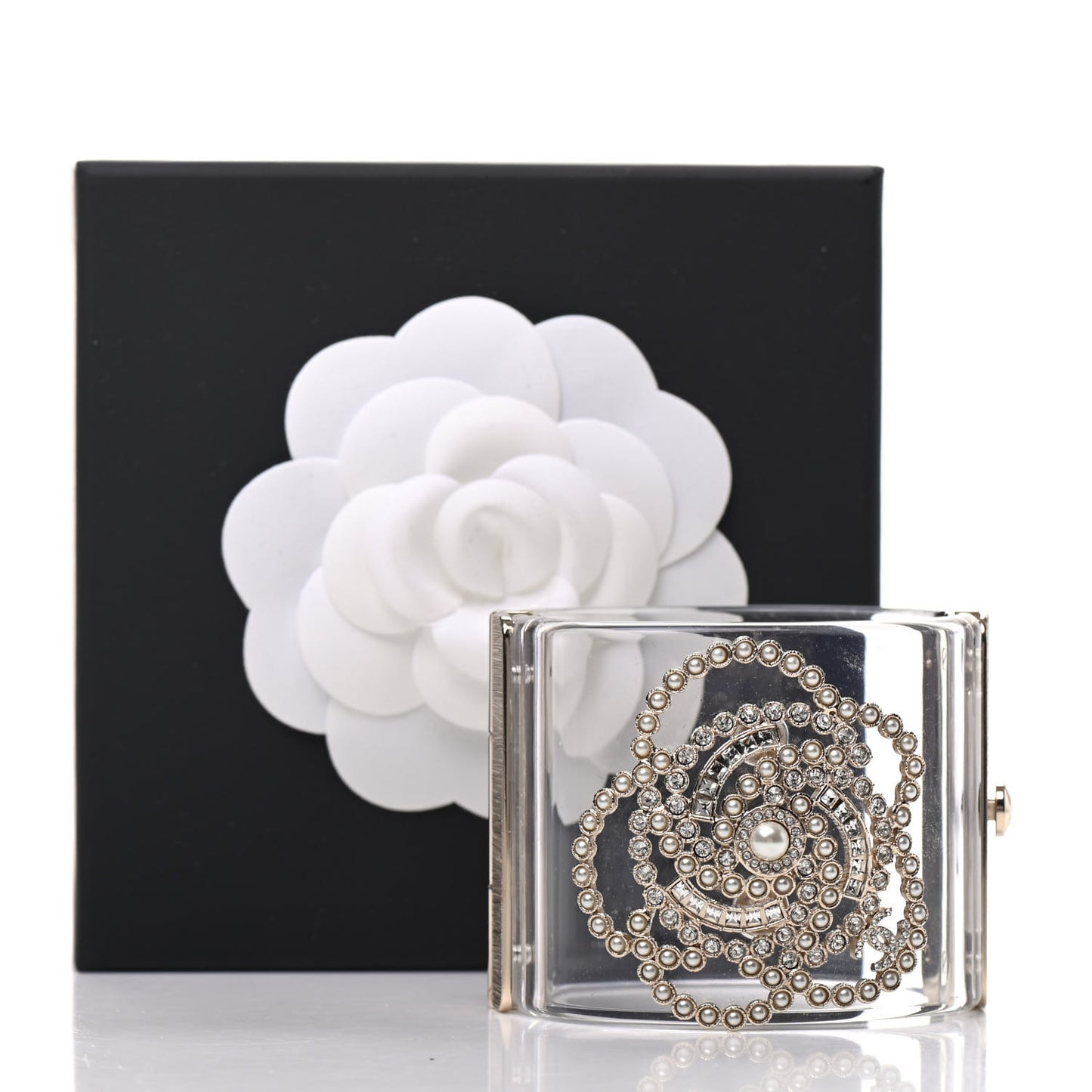Lucite Pearl Crystal Lace Camellia CC Cuff Light Gold
