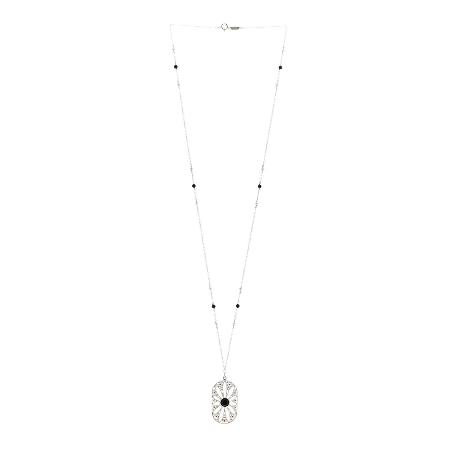 Sterling Silver Black Onyx Pearl Ziegfeld Daisy Pendant Necklace