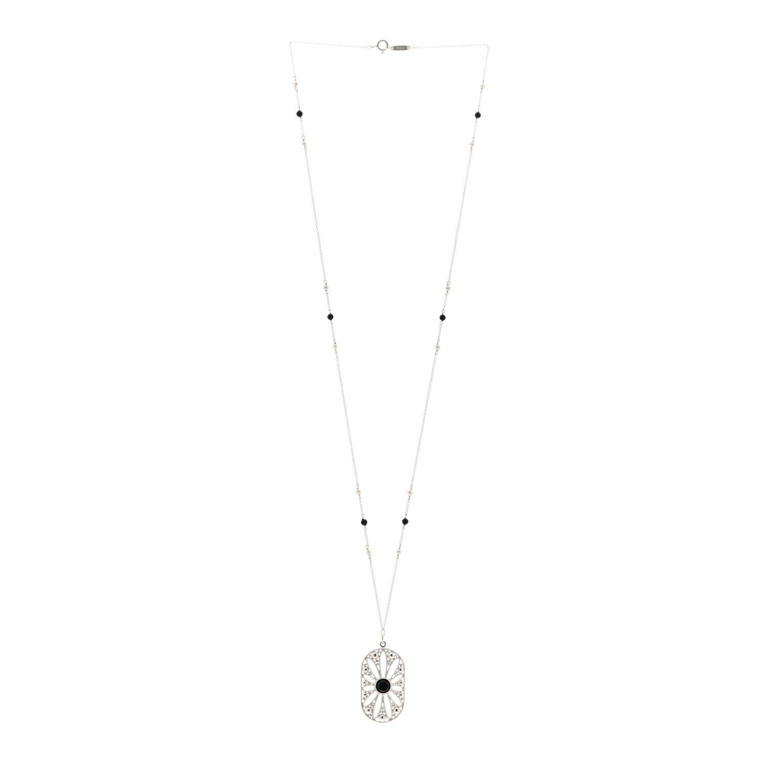 Tiffany Sterling Silver Black Onyx Pearl Ziegfeld Daisy Pendant Necklace 3 of 4