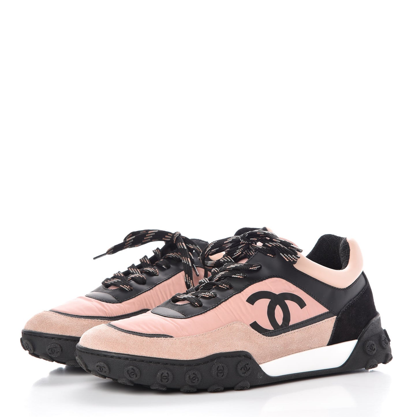Nylon Calfskin Suede CC Womens Sneakers 38 Pink Black