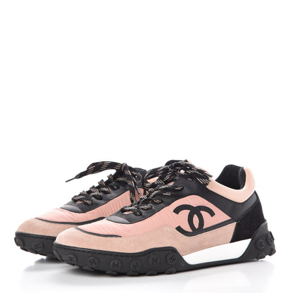 Chanel Nylon Calfskin Suede CC Womens Sneakers 38 Pink Black 3 of 9
