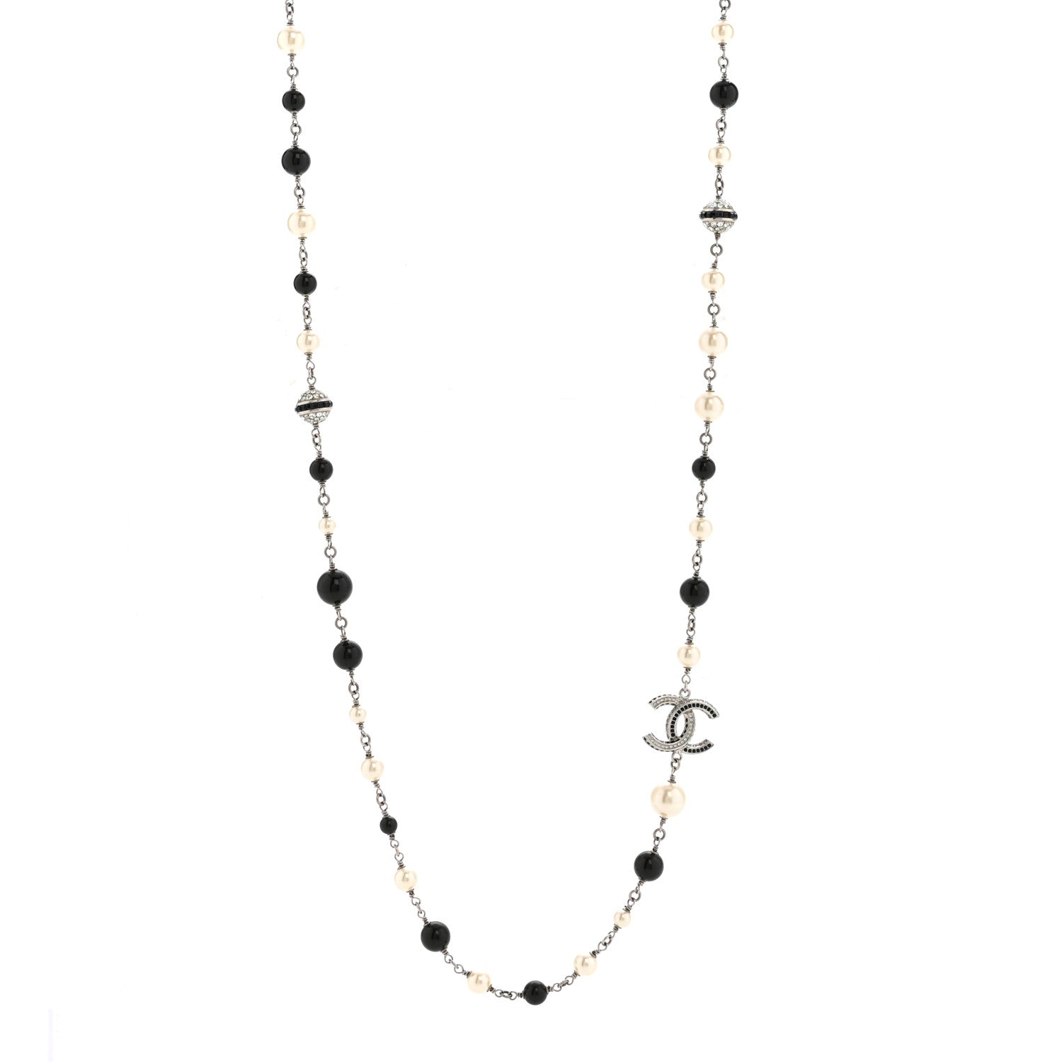 Chanel Metal Pearl Crystal Bead CC Long Necklace Black Silver 1 of 7