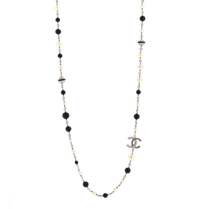 Chanel Metal Pearl Crystal Bead CC Long Necklace Black Silver 1 of 7