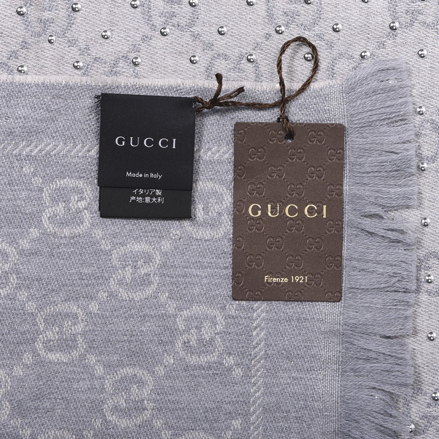 Wool Silk GG Monogram Studded Fringe Scarf Grey