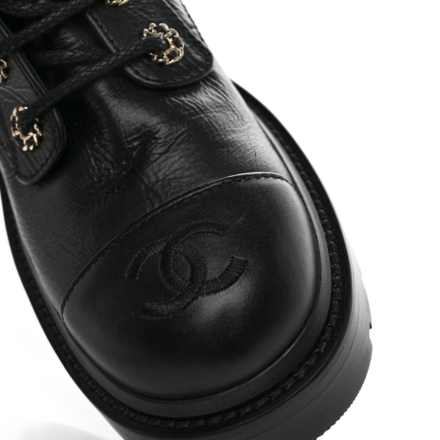 Chanel Shiny Calfskin Quilted Lace Up Combat Boots 36.5 Black 12 of 16
