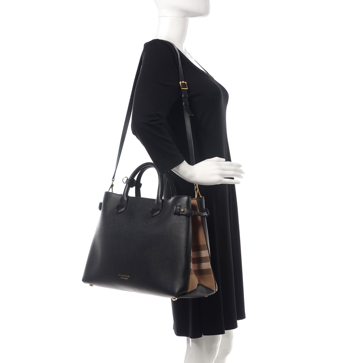 Burberry Grainy Calfskin House Check Large Banner Tote Black 3 of 14