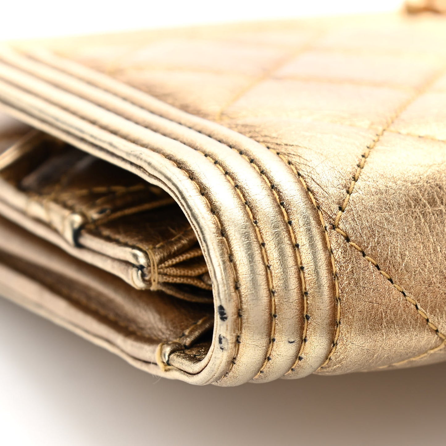 Distressed Calfskin Quilted Boy Wallet On Chain WOC Gold