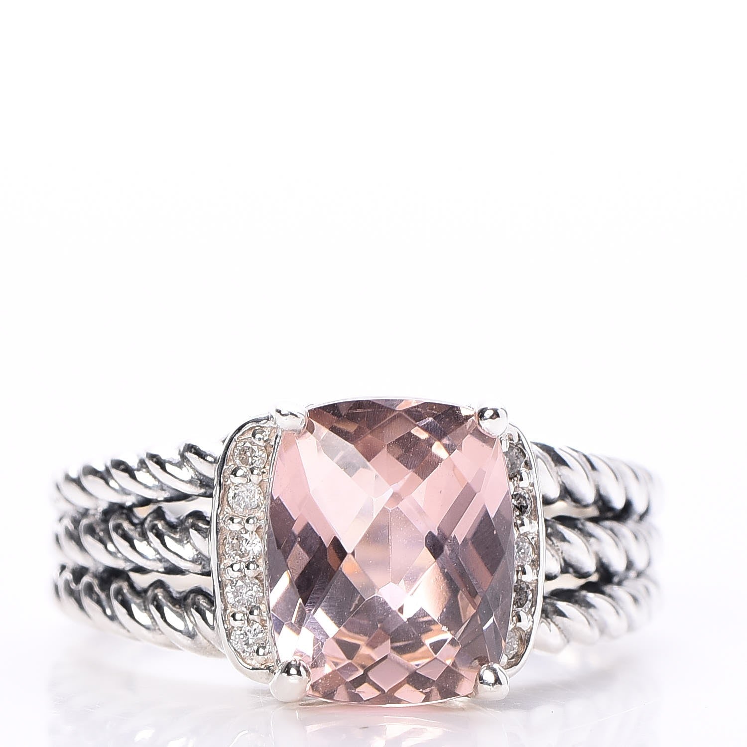 David Yurman Sterling Silver Diamond Morganite 10mm Petite Wheaton Ring 53 6.25 1 of 4