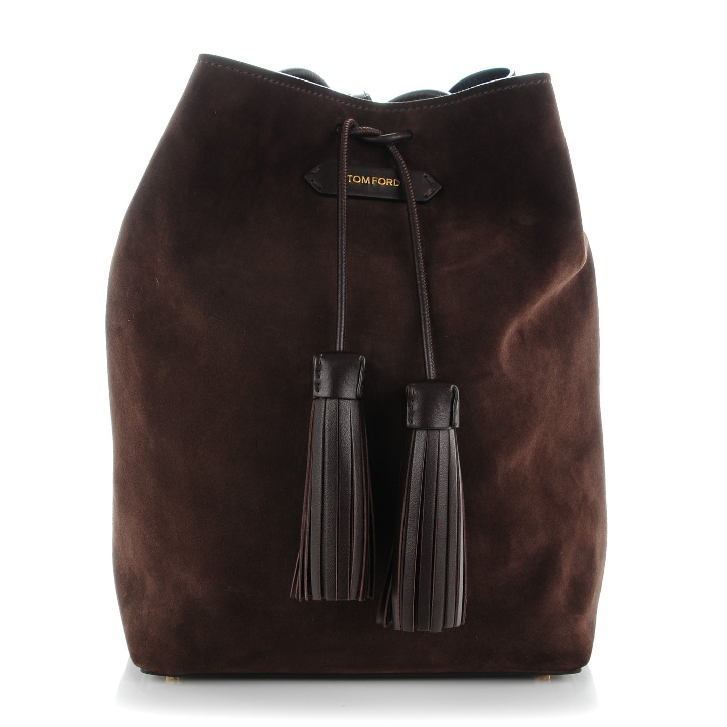 Suede Medium Double Tassel Bucket Bag Dark Brown