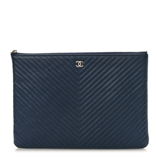 Caviar Chevron Quilted Medium Cosmetic Case Navy