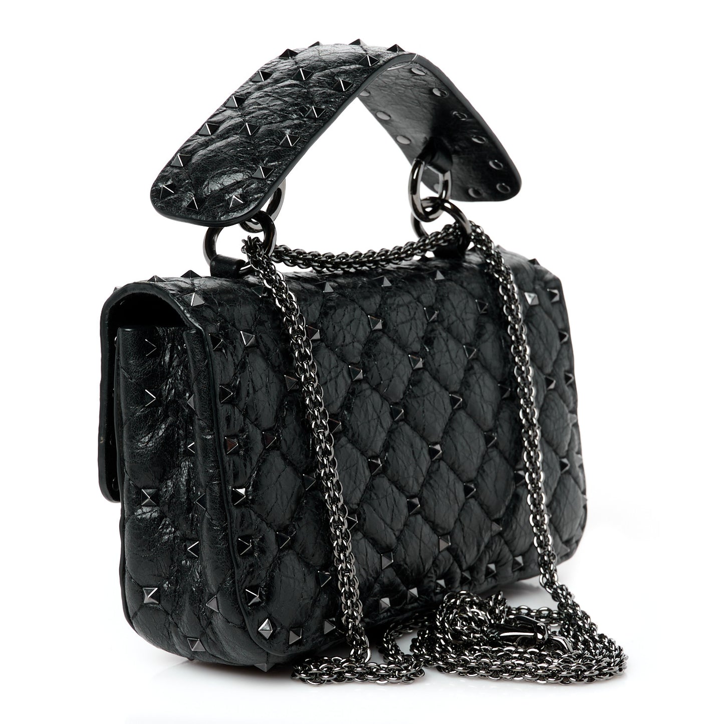 Craquele Nappa Small Rockstud Spike Shoulder Bag Black