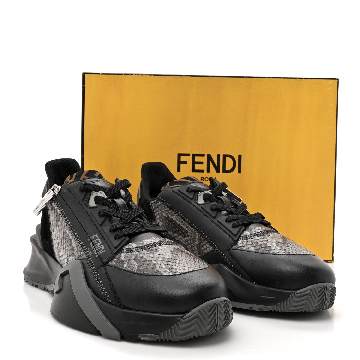 Fendi Calfskin Suede Snakeskin Mens Fendi Flow Low Top Sneakers 12 Asfalto Black Tabacco 9 of 9