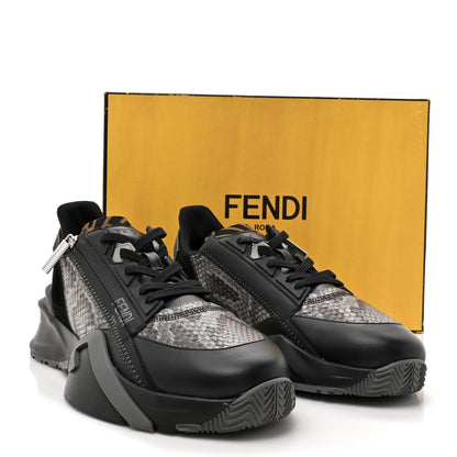 Fendi Calfskin Suede Snakeskin Mens Fendi Flow Low Top Sneakers 12 Asfalto Black Tabacco 9 of 9