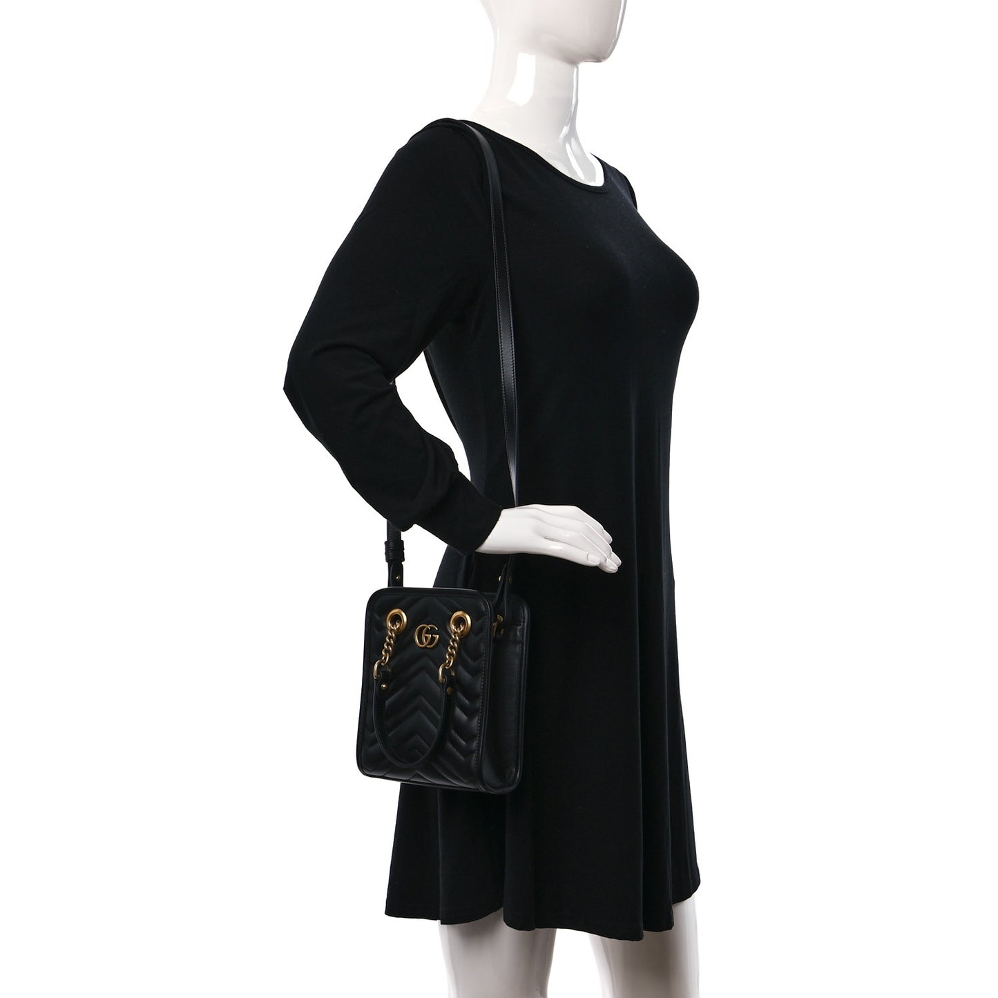 Calfskin Matelasse Chevron Mini GG Marmont Tote Black