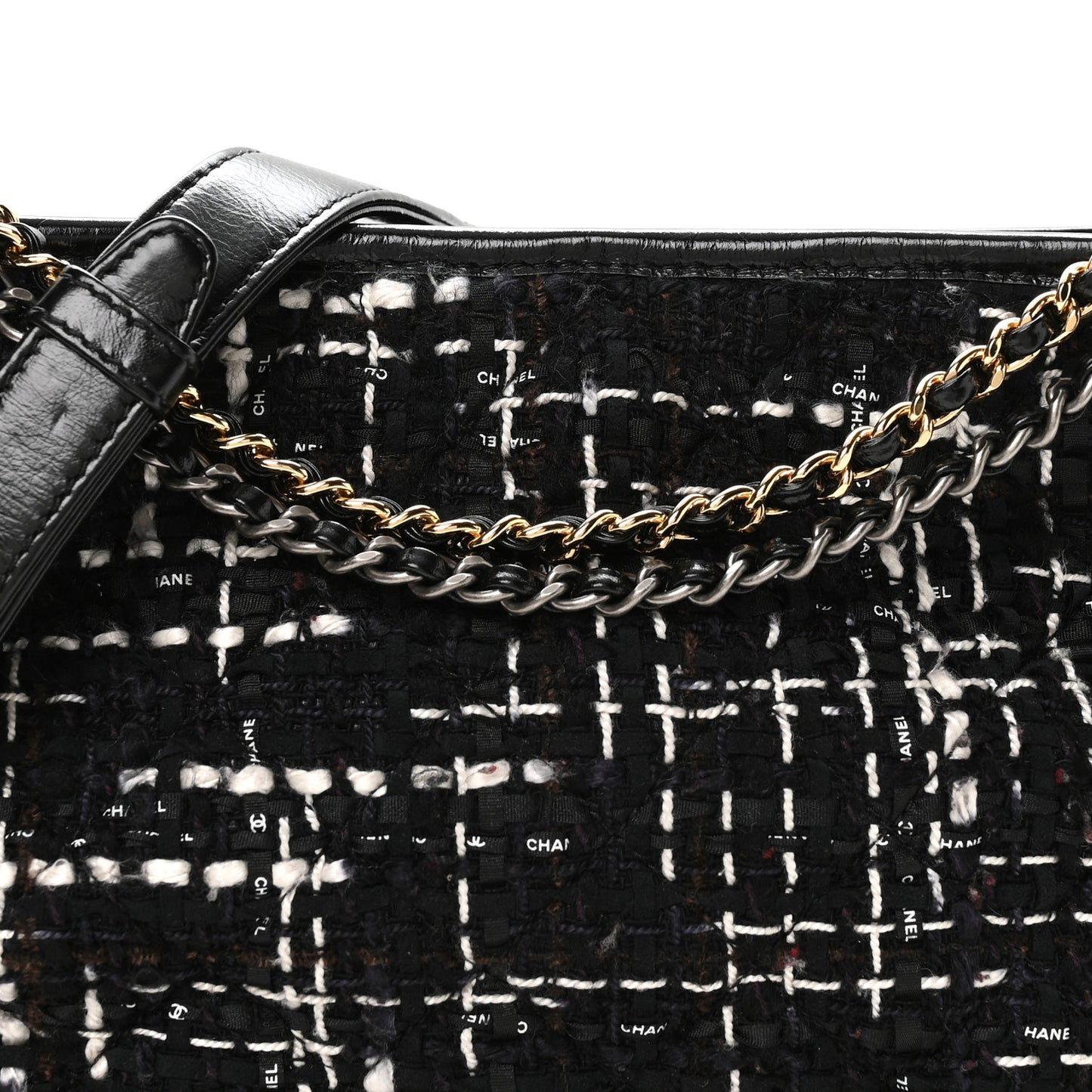 Tweed Calfskin Quilted Medium Gabrielle Hobo Black White