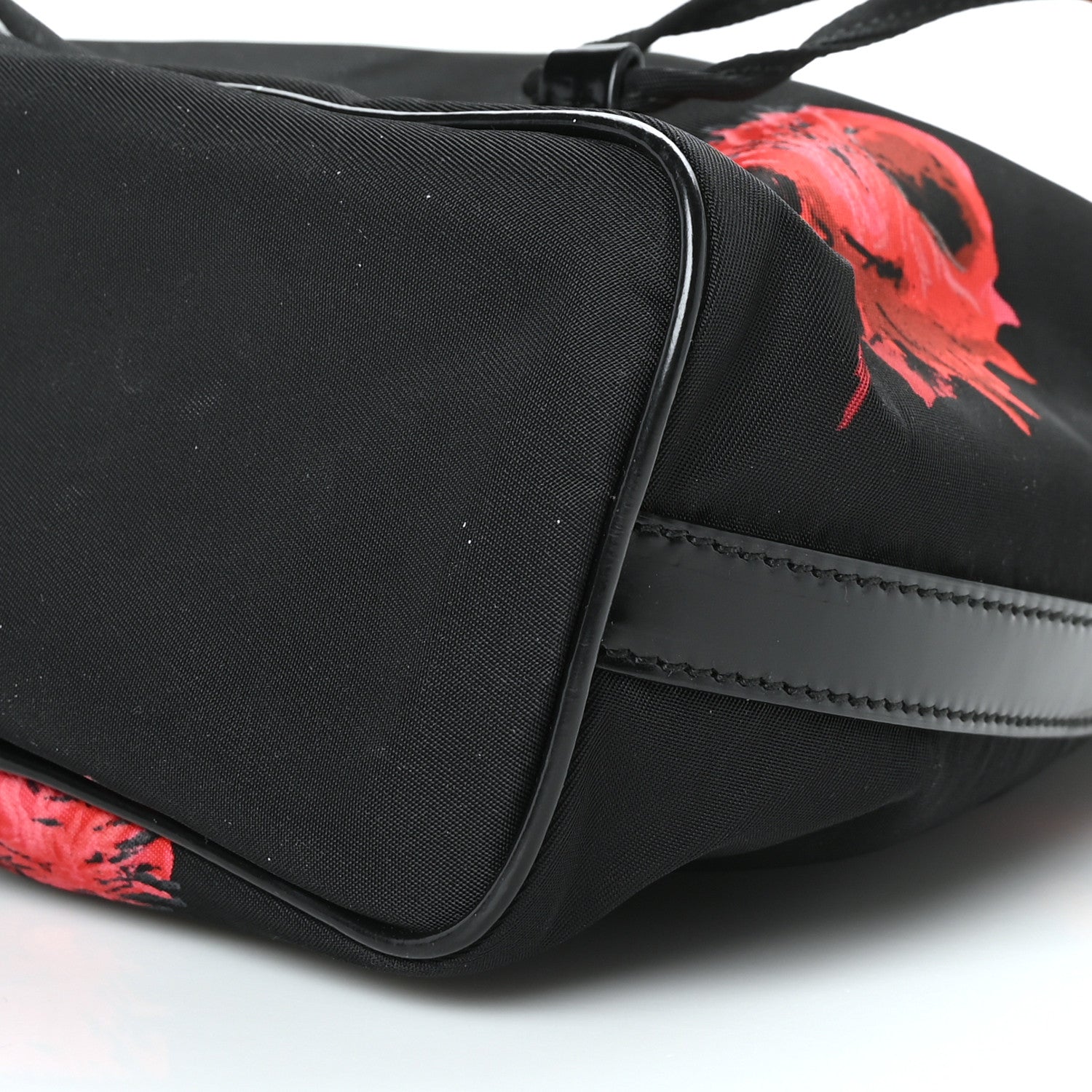 Prada Tessuto Nylon Spazzolato Rose Print Bucket Bag Black Rosso 6 of 7