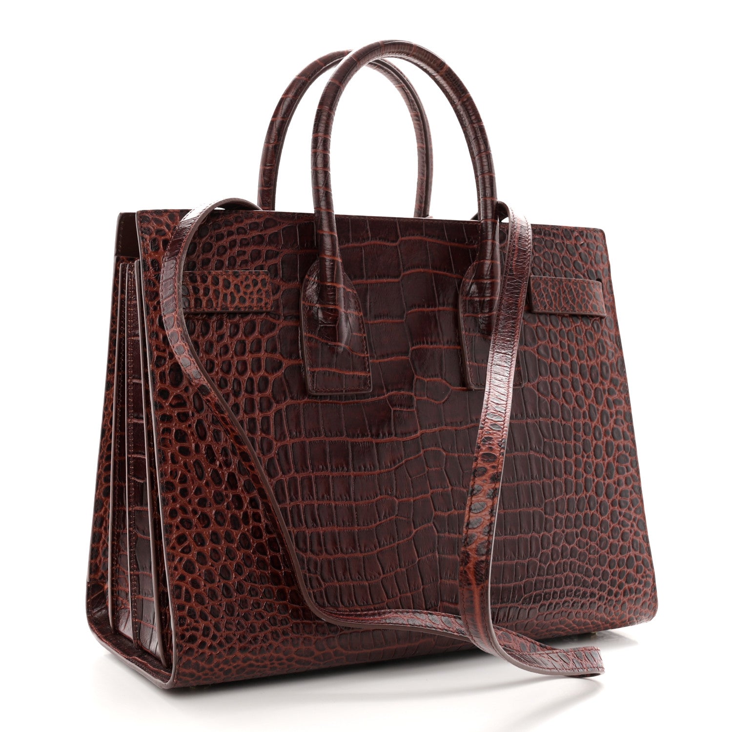 Saint Laurent Calfskin Crocodile Embossed Small Sac De Jour Dark Blood 2 of 13