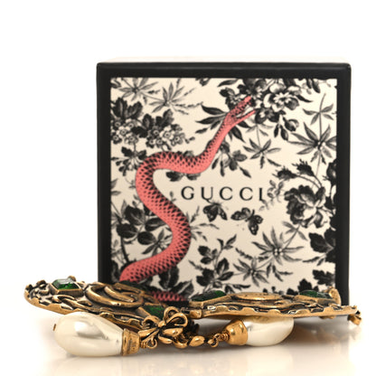 Gucci Metal Pearl Resin Heart Double G Drop Earrings Aged Gold Green 5 of 5