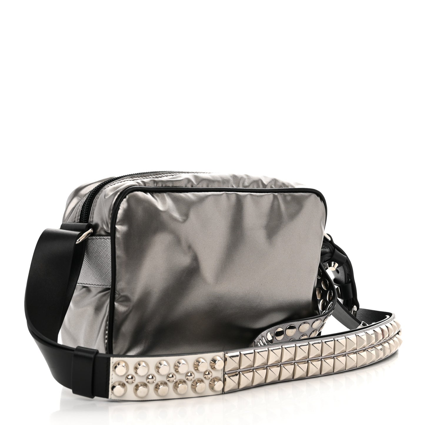 Metallic Tessuto Nylon Metal Studded Shoulder Bag Ferro Black