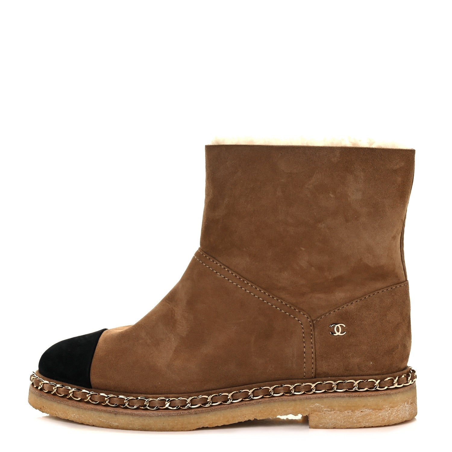 Chanel Kid Suede Shearling Womens Cap Toe Chain Short Boots 37 Light Brown Black 1 of 12