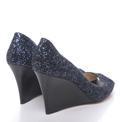 Jimmy Choo Coarse Glitter Fabric Baxon 85 Wedges 38 Navy 4 of 9