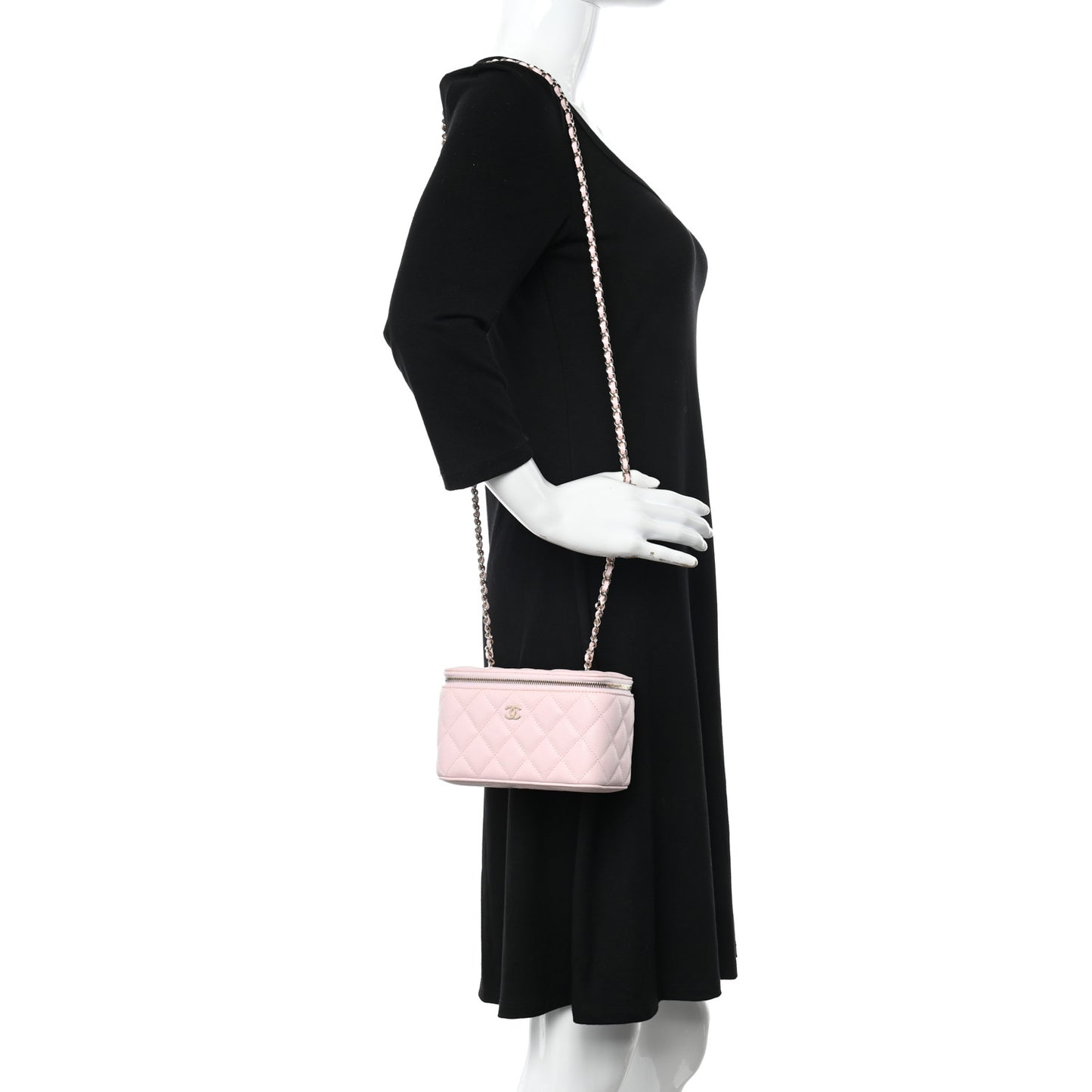 Caviar Quilted Small Vanity Case With Chain Light Pink