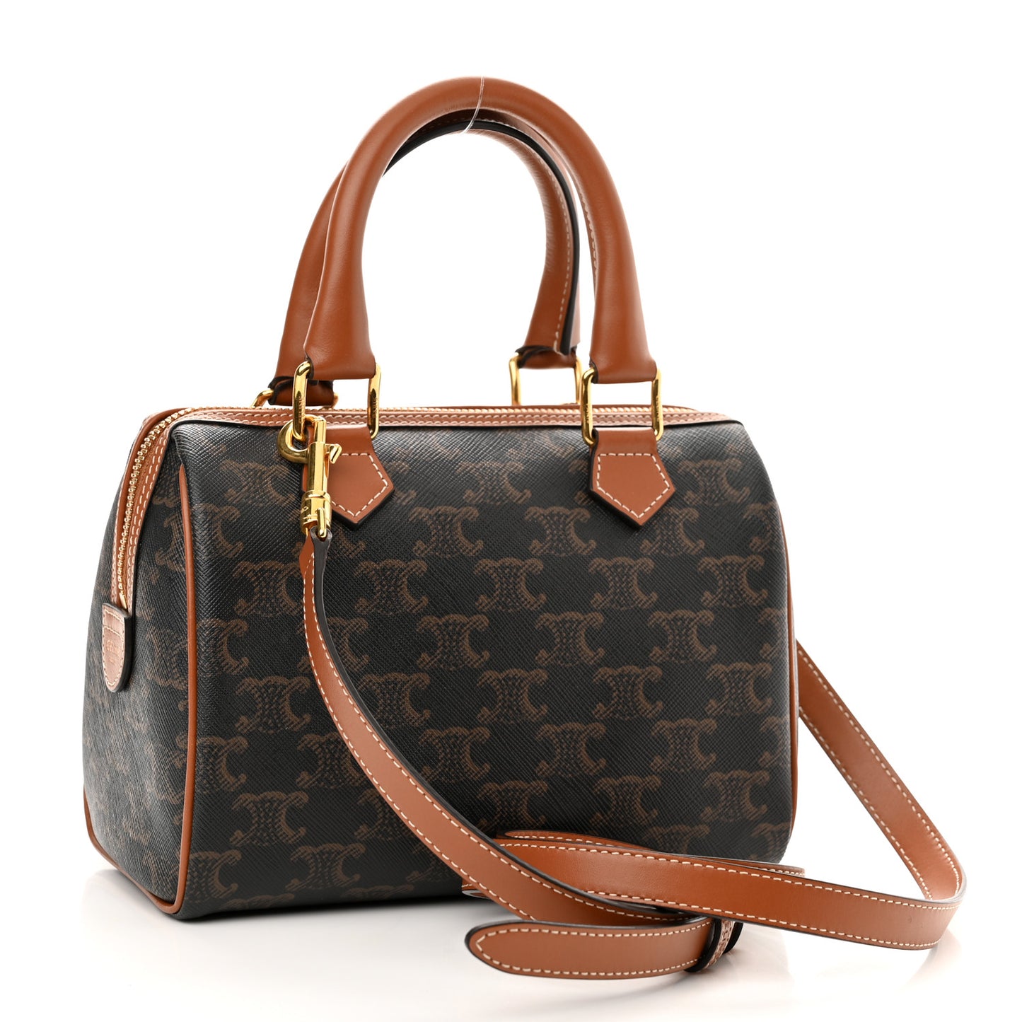 Triomphe Canvas Calfskin Small Boston Bag Tan