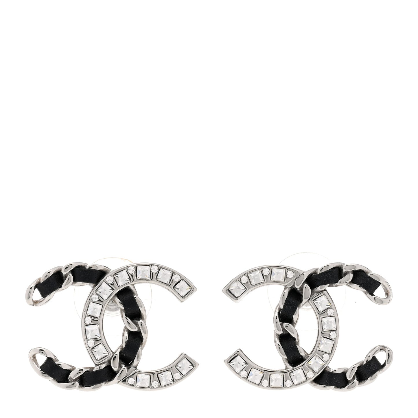 Crystal Baguette Lambskin Large CC Earrings Silver Black