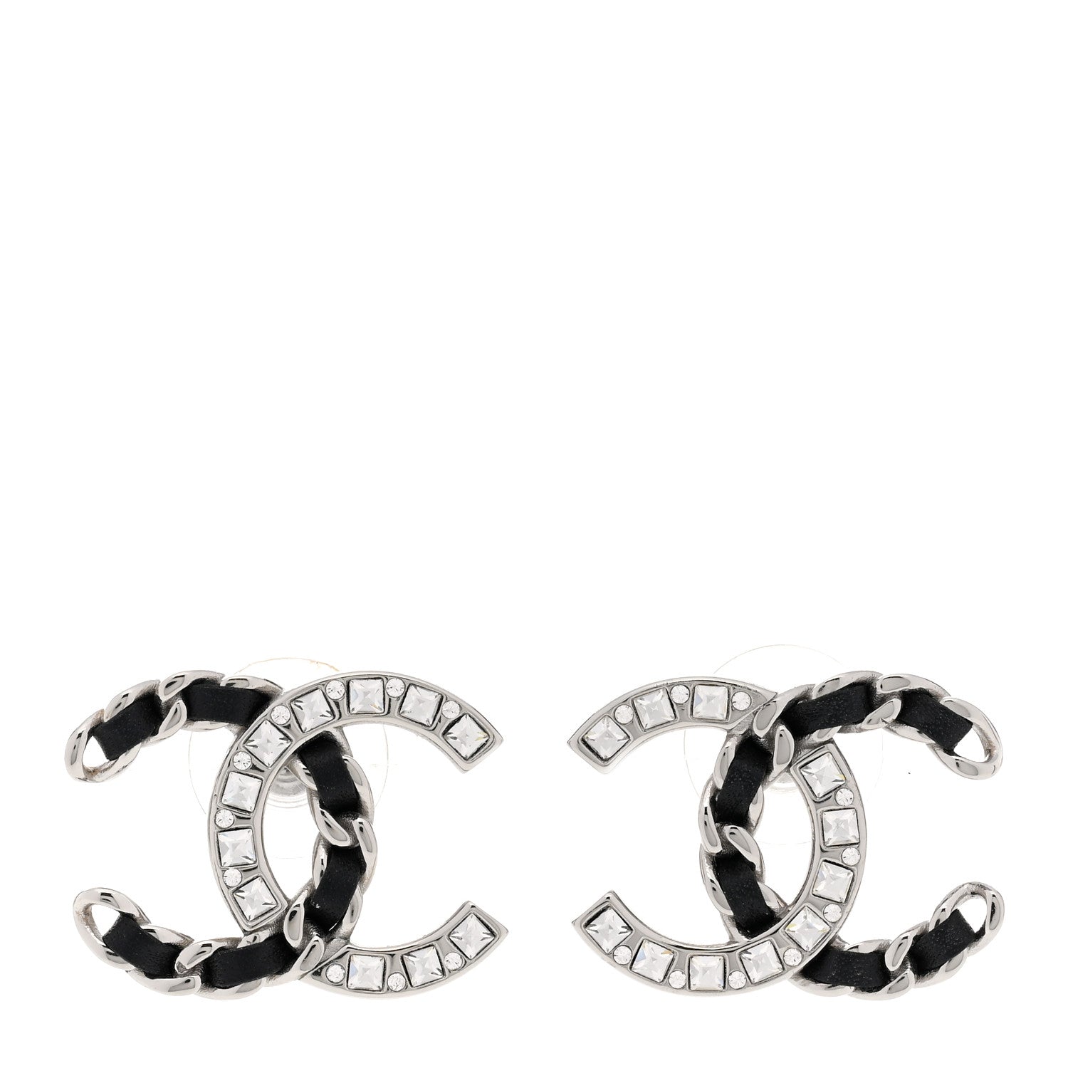 Chanel Crystal Baguette Lambskin Large CC Earrings Silver Black 1 of 5
