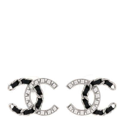Chanel Crystal Baguette Lambskin Large CC Earrings Silver Black 1 of 5