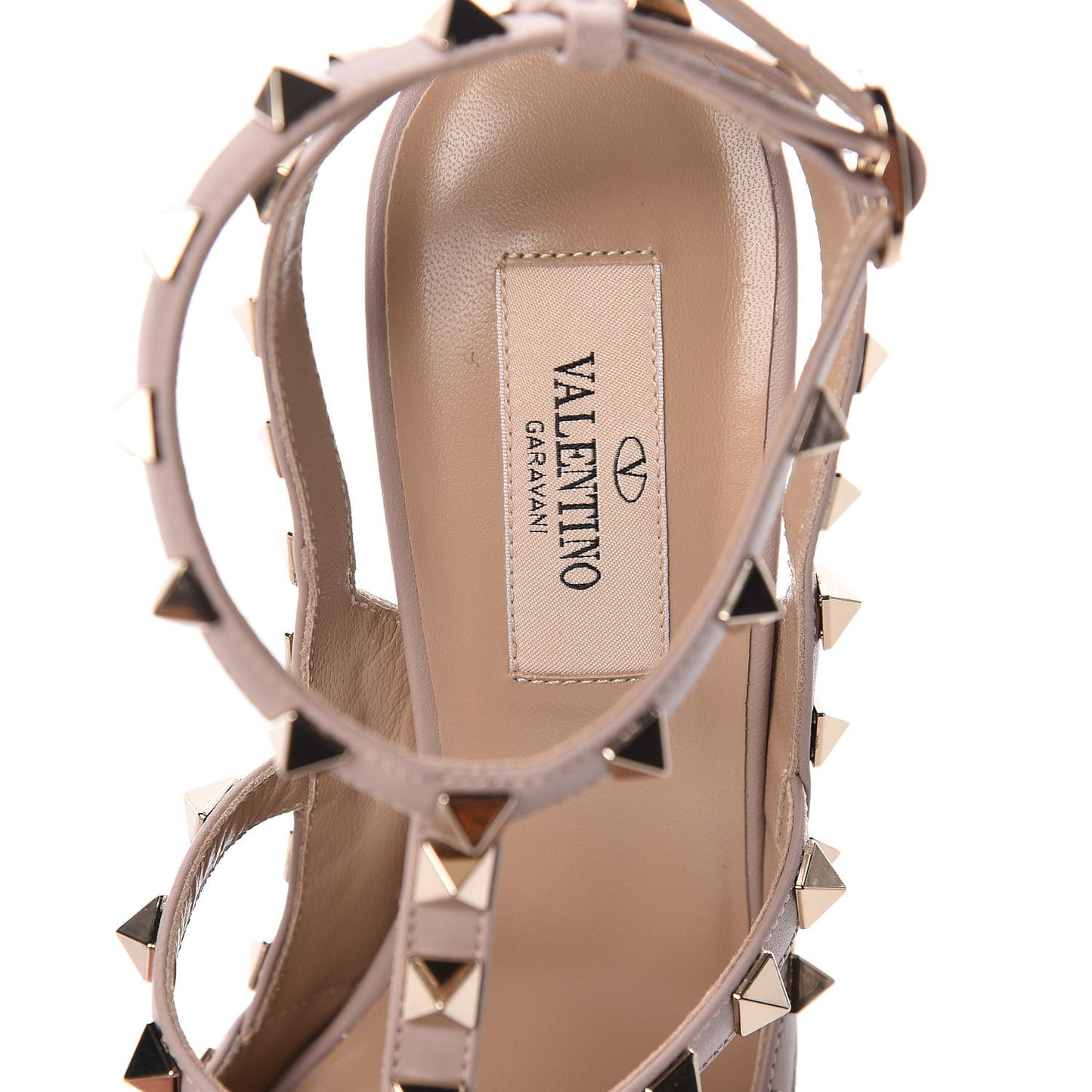 Pebbled Calfskin Rockstud Ankle Strap 100mm Pumps 37.5 Poudre