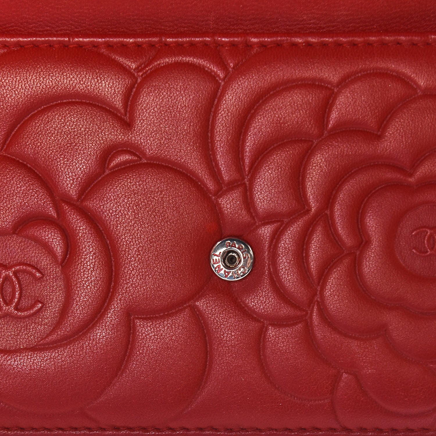 Chanel Lambskin Camellia Embossed Wallet On Chain WOC Red 11 of 17