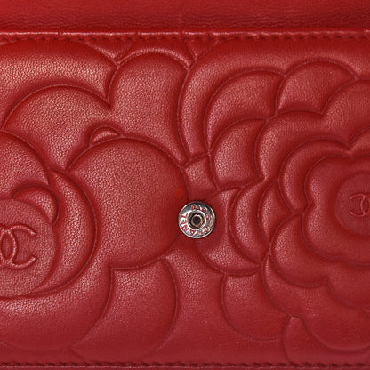 Chanel Lambskin Camellia Embossed Wallet On Chain WOC Red 11 of 17