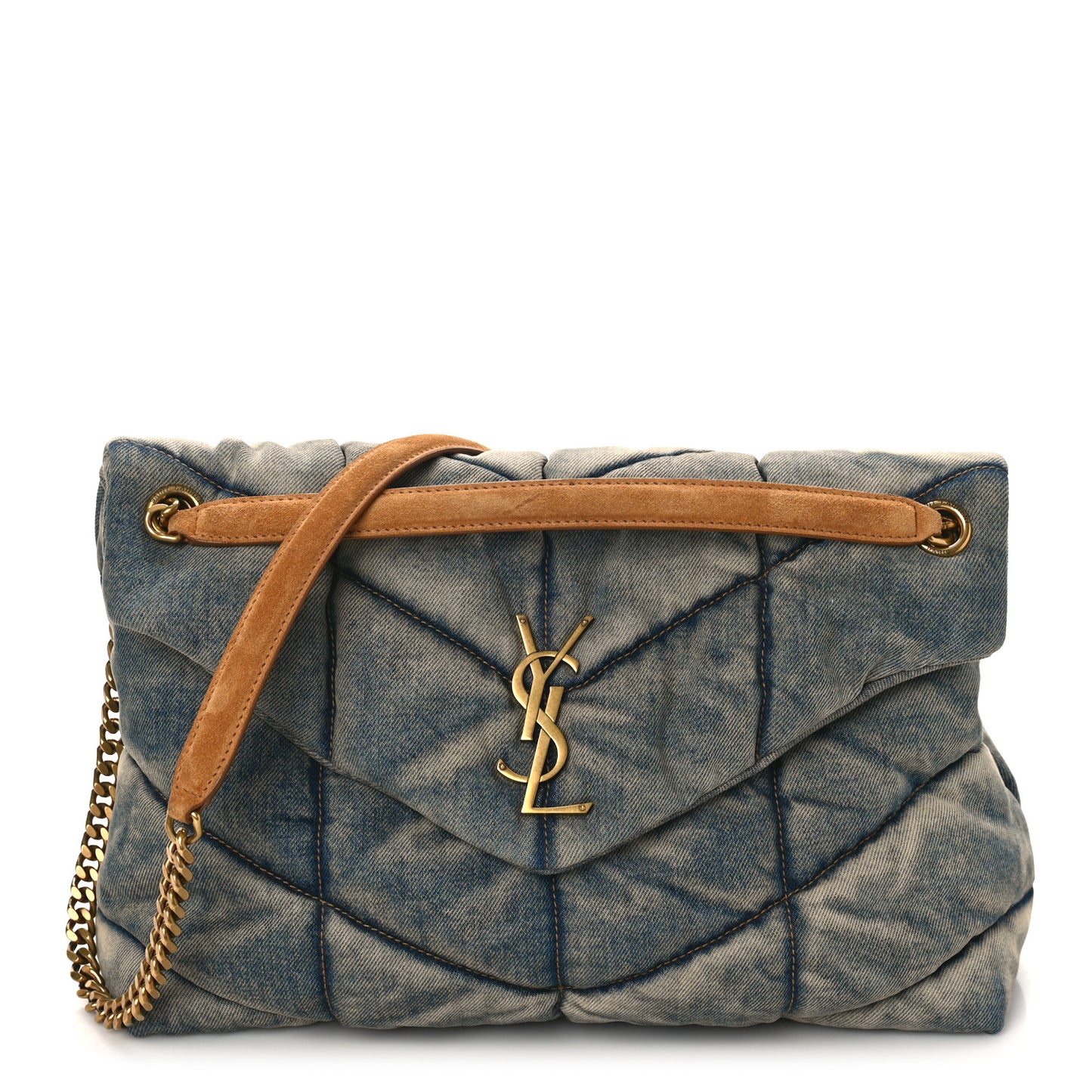 Denim Quilted Medium Loulou Puffer Monogram Chain Satchel Blue Cinnamon