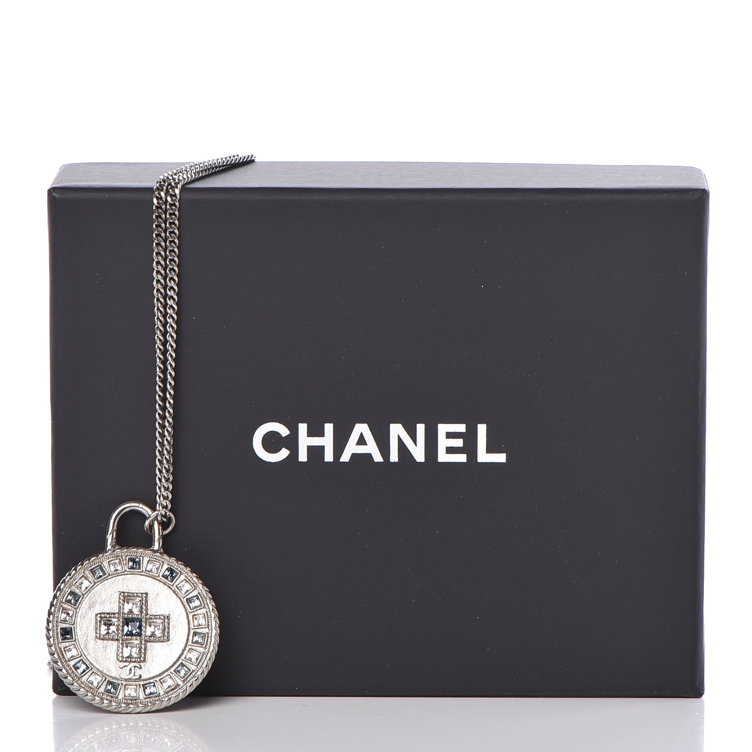 Chanel Crystal CC Medallion Necklace Silver Light Blue 7 of 7