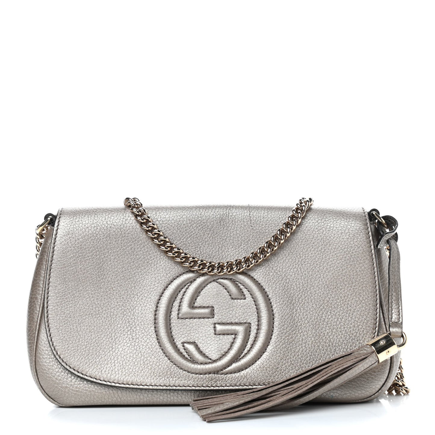 Metallic Pebbled Calfskin Medium Soho Flap Crossbody Golden Beige