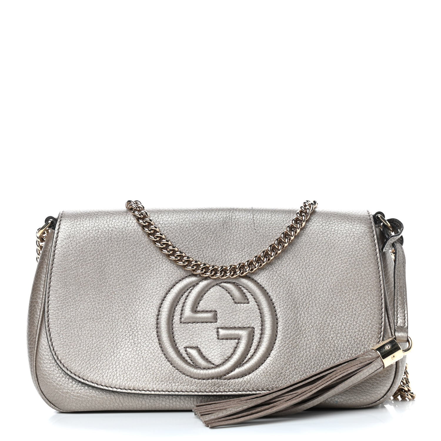 Gucci Metallic Pebbled Calfskin Medium Soho Flap Crossbody Golden Beige 1 of 11