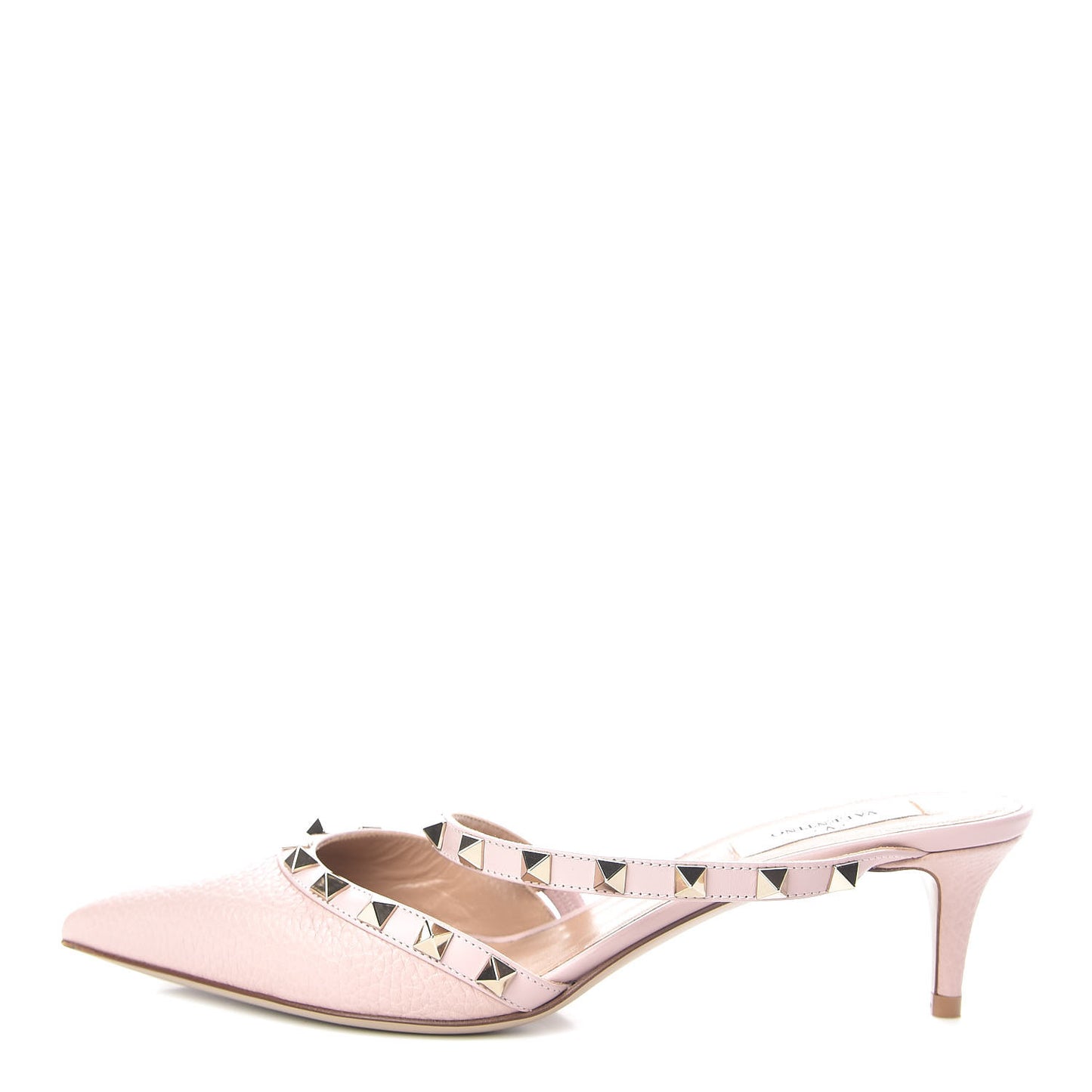 Pebbled Calfskin Rockstud Cross Strap 50mm Mules 38.5 Water Rose