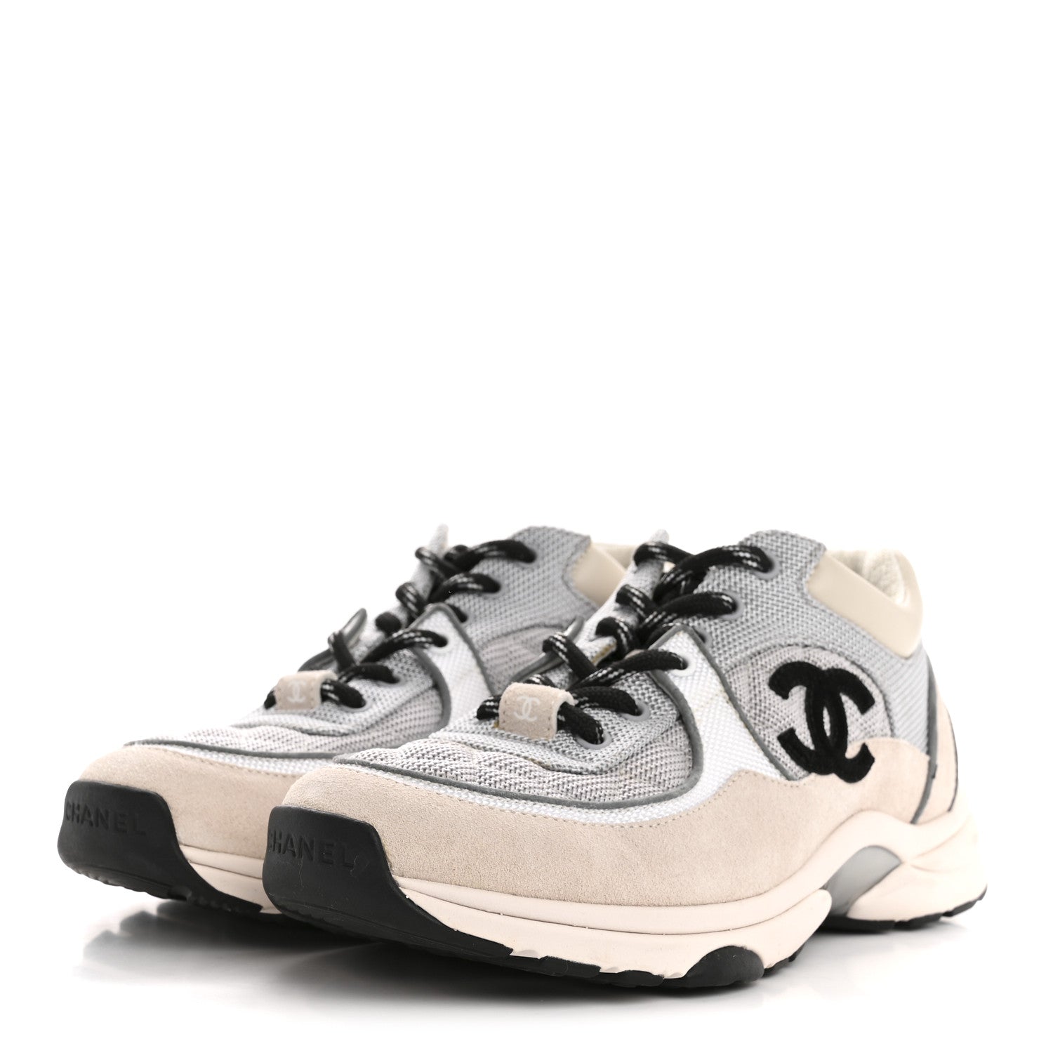 Chanel Nylon Calfskin Suede Womens CC Sneakers 36.5 Grey White 4 of 13
