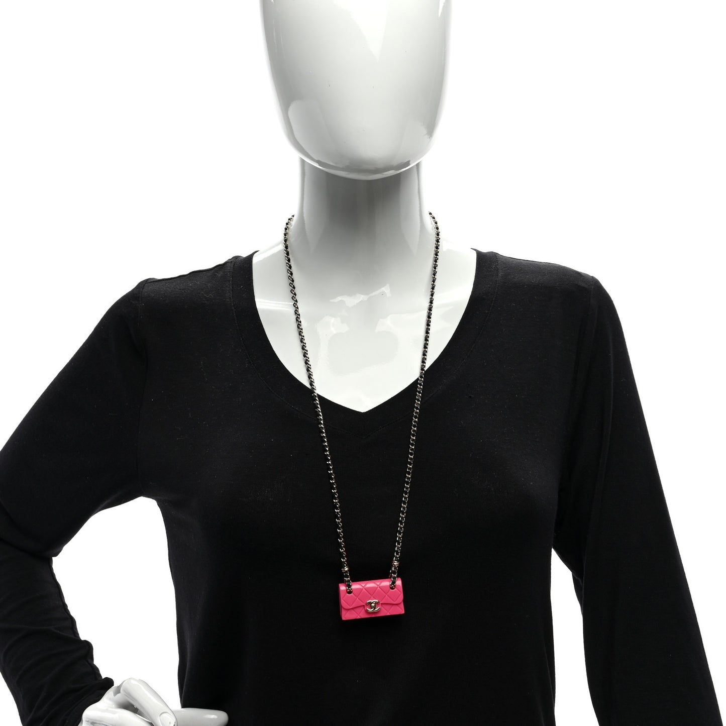 Metal Resin Lambskin Flap Bag Long Necklace Golden Pink Black