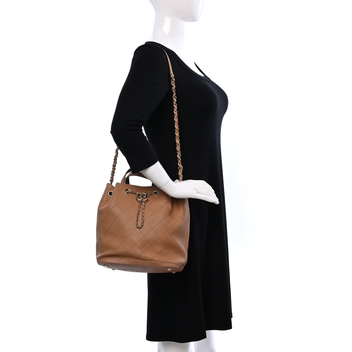 Calfskin Stitched Chain Top Handle Bucket Bag Light Brown