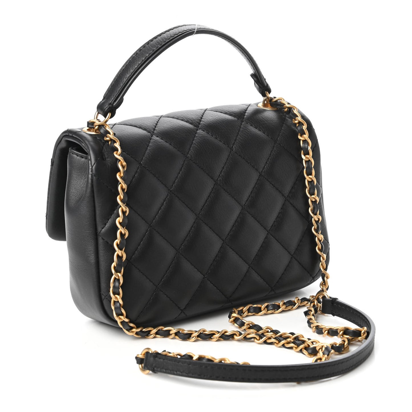 Calfskin Quilted Top Handle Flap Black