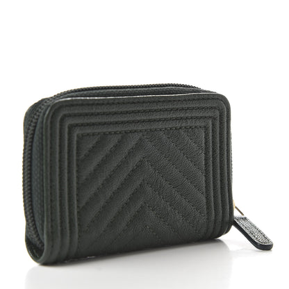 Chanel Caviar Chevron Quilted Boy Zip Around Coin Purse Wallet Dark Green 3 of 11
