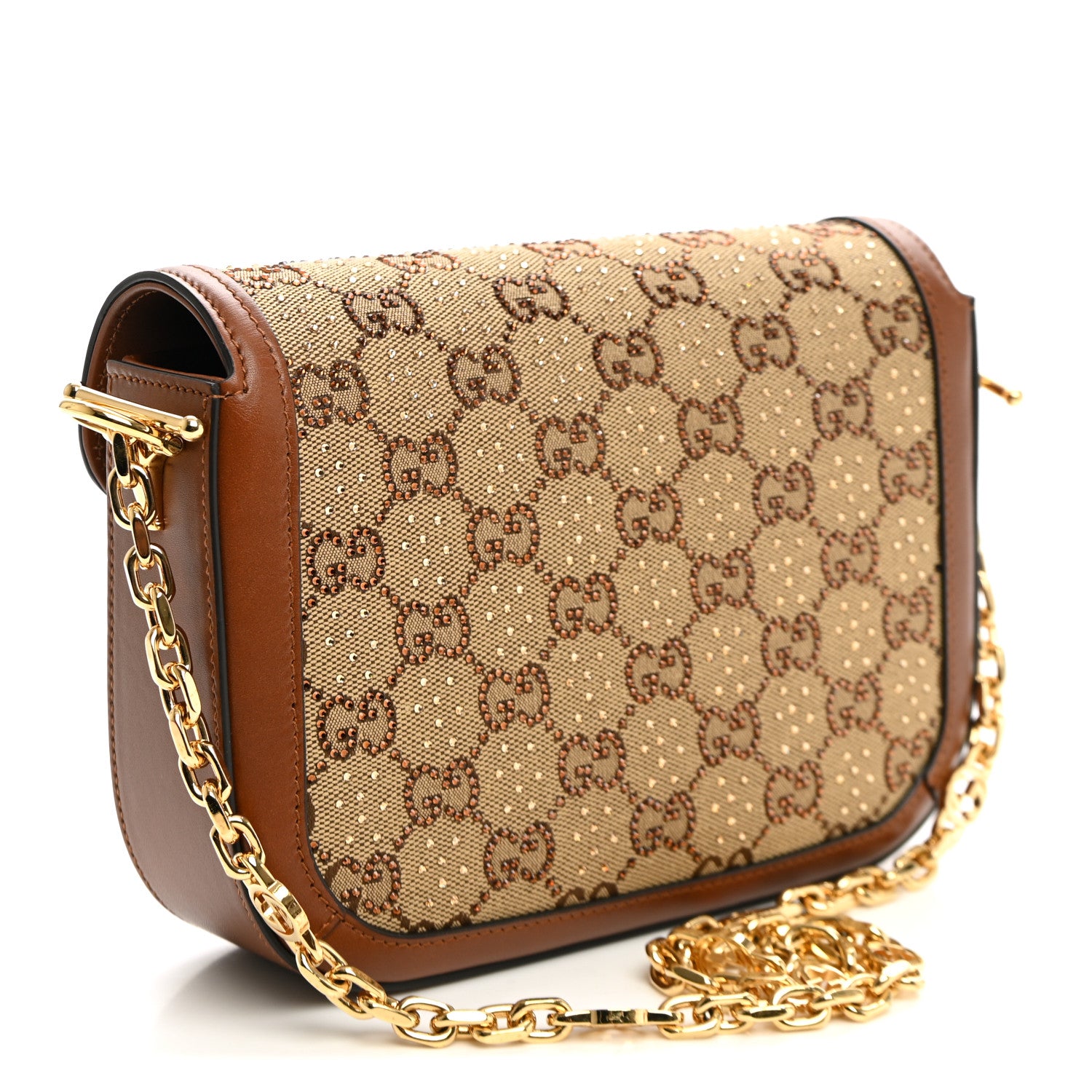 Gucci New Canvas Charisma Calfskin Crystal GG Monogram Mini Horsebit 1955 Shoulder Bag Camel Ebony 3 of 10